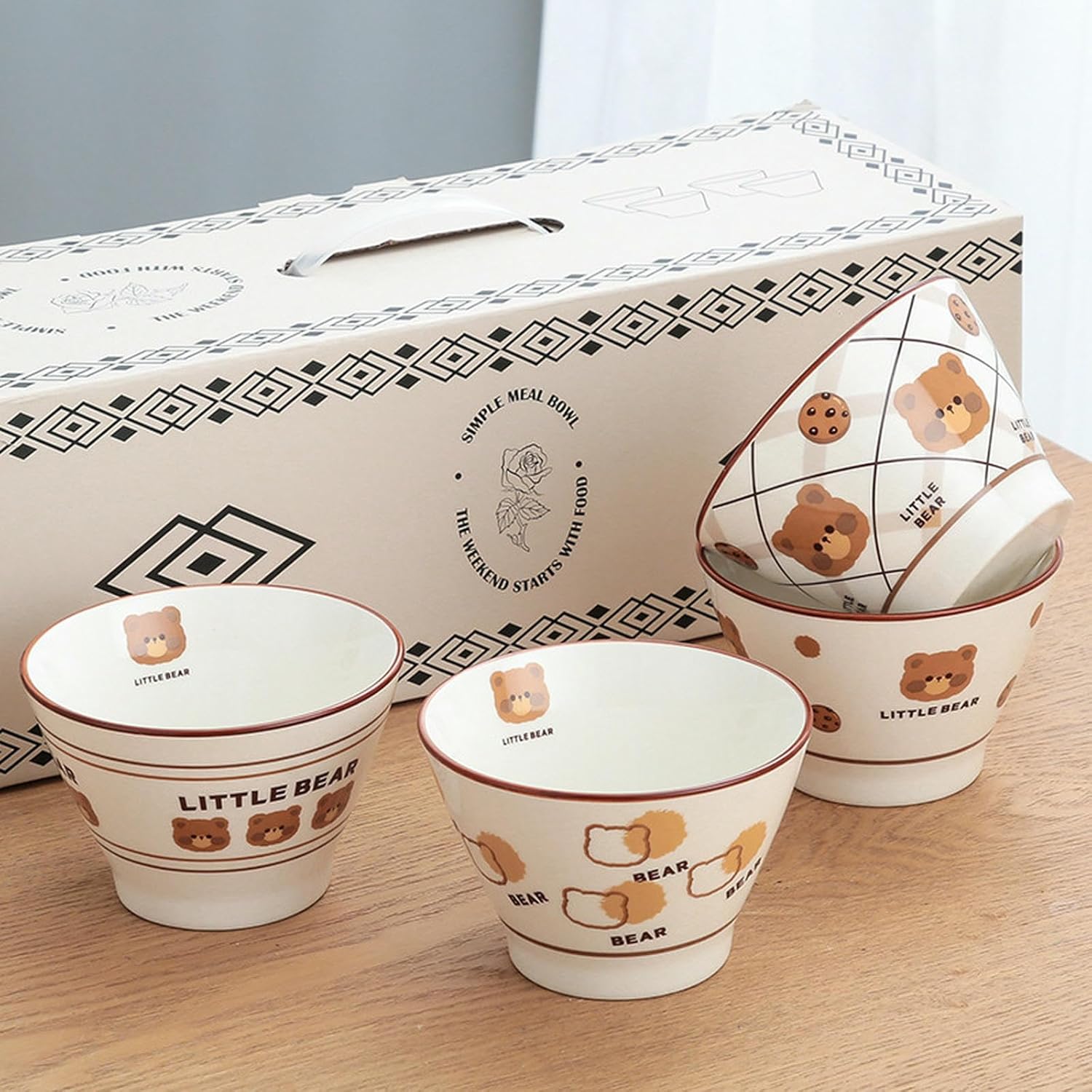 Vintage Rice Bowls ，Ceramic Tableware Rice BowlHousehold high-temperature ceramic tableware, Chinese minimalist creative rice bowl,(Hepburn 4 Pack)