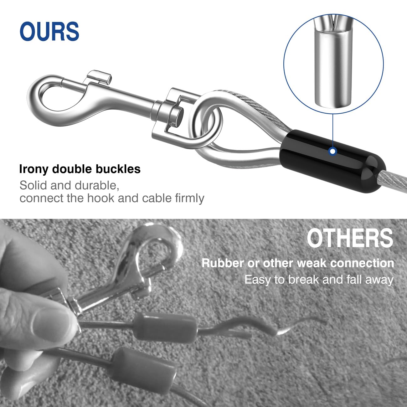 Pawaboo Cable de Amarre para Perros, 3m de Acero Resistente Con Gancho Giratorio 360° y Resorte de Choque para Pequeños y Grandes Hasta 125 lbs, Patio Acampada, Plata