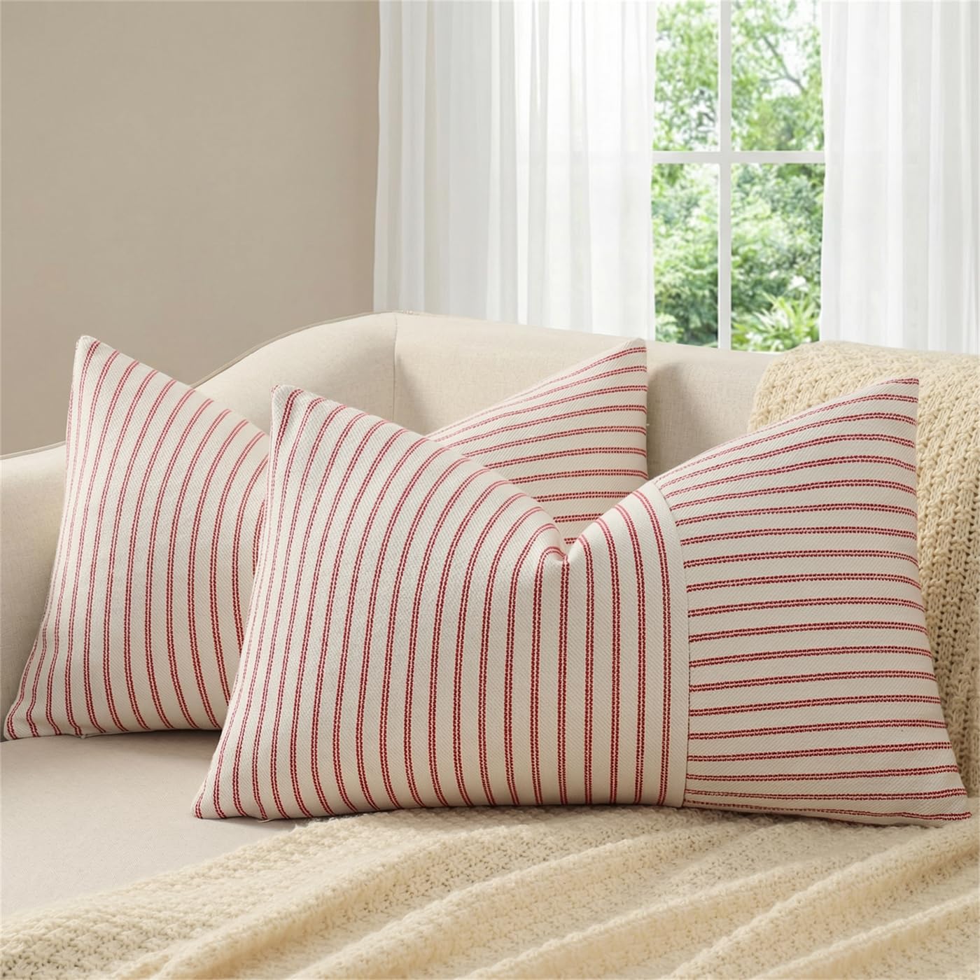YCOLL Christmas Pillow Covers 12x20, Modern Accent Lumbar Throw Pillow Covers Set of 2, Red and Beige Striped Patchwork Linen Decorative Pillows