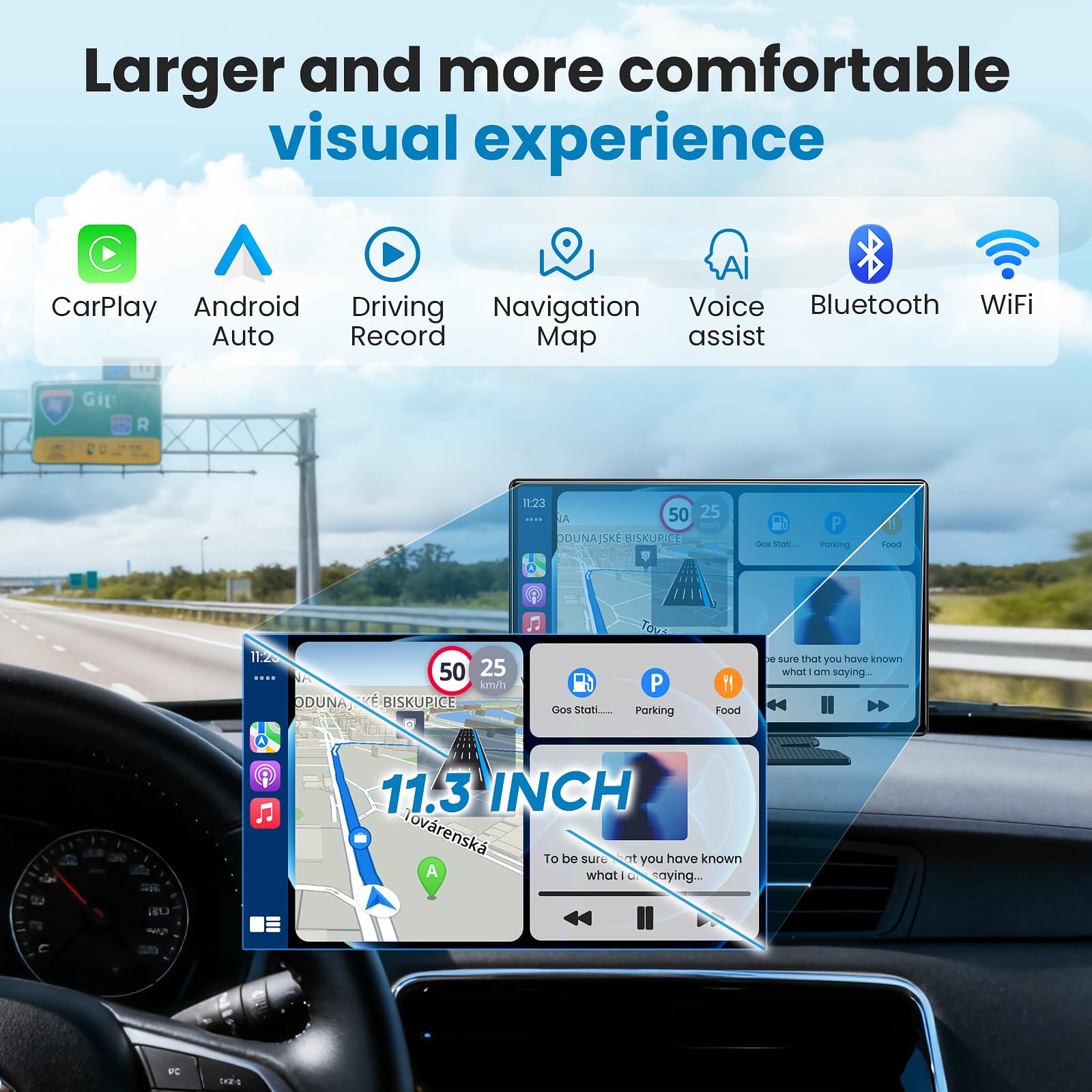 Portable Apple Carplay Screen for Car, 11.3" Extra Large Wireless Car Play & Android Auto Screen for Car, Car Stereo with 4K Dash Cam, App View, Backup Camera,GPS,Mirror Link,FM, Voice Control - 5