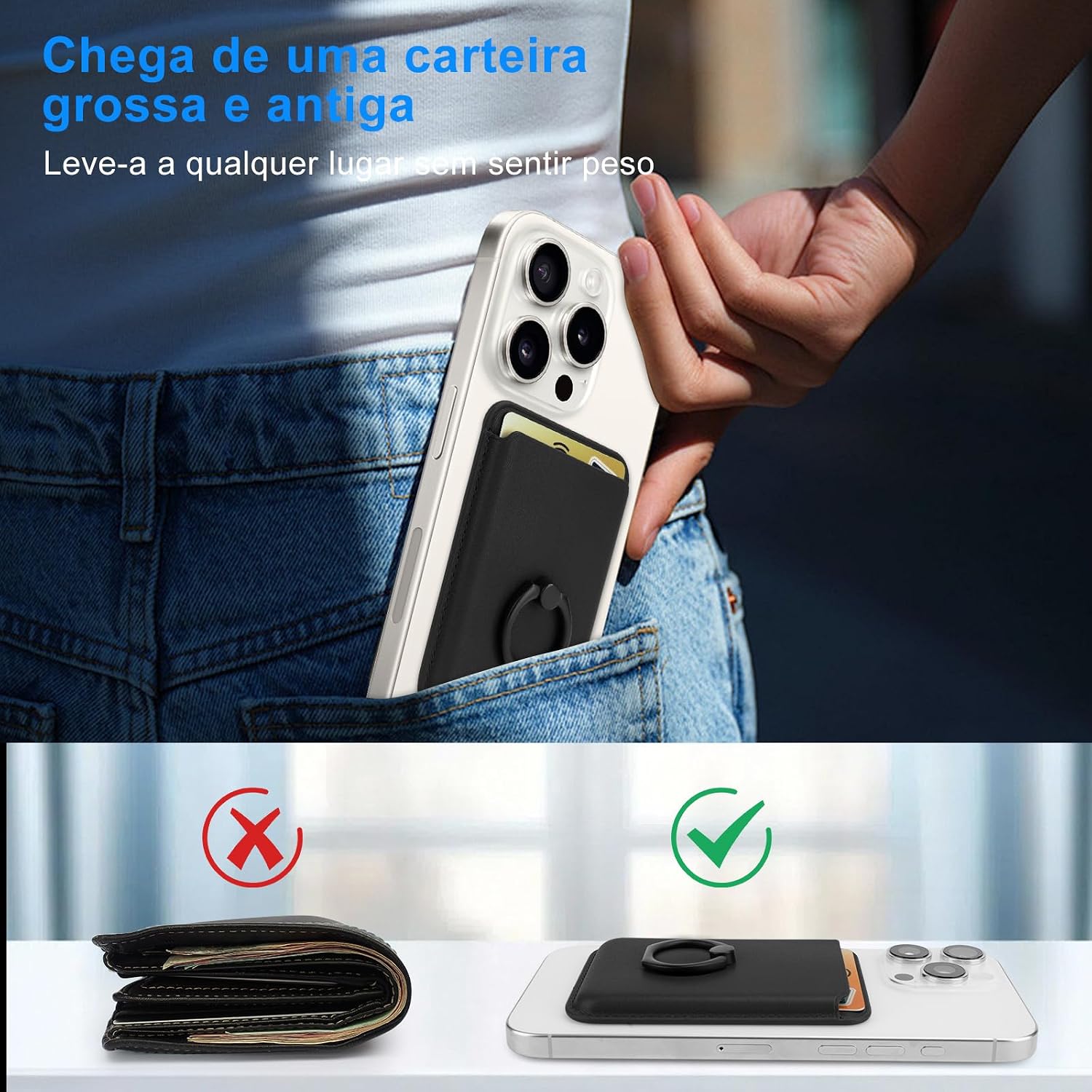 Porta Cartões Carteira Magsafe com Anel para iPhone Seguro e Prático Proteção Antifurto, Preto Porta Cartões Carteira Magsafe com Anel para iPhone Seguro e Prático Proteção Antifurto, Preto