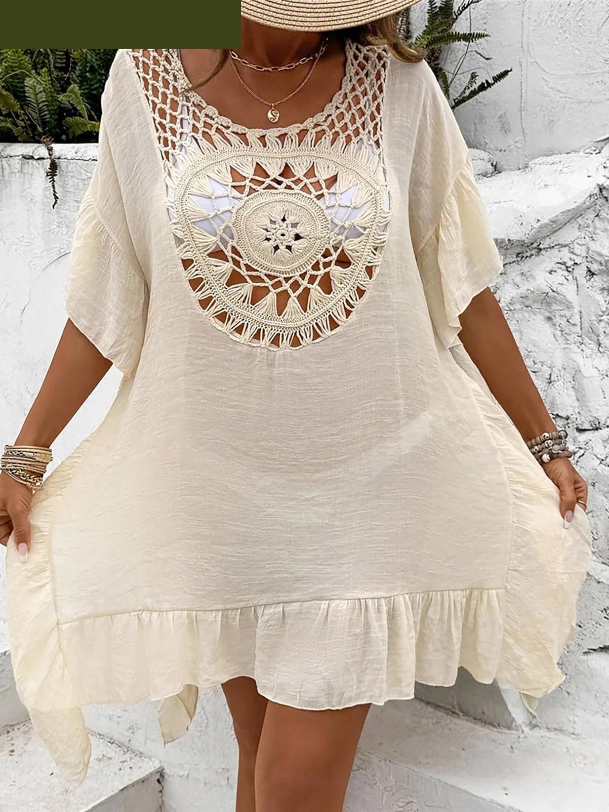 Paréo Robe de Plage Tunique ajourée à Manches Courtes, vêtements, Cover-Up pour Piscine