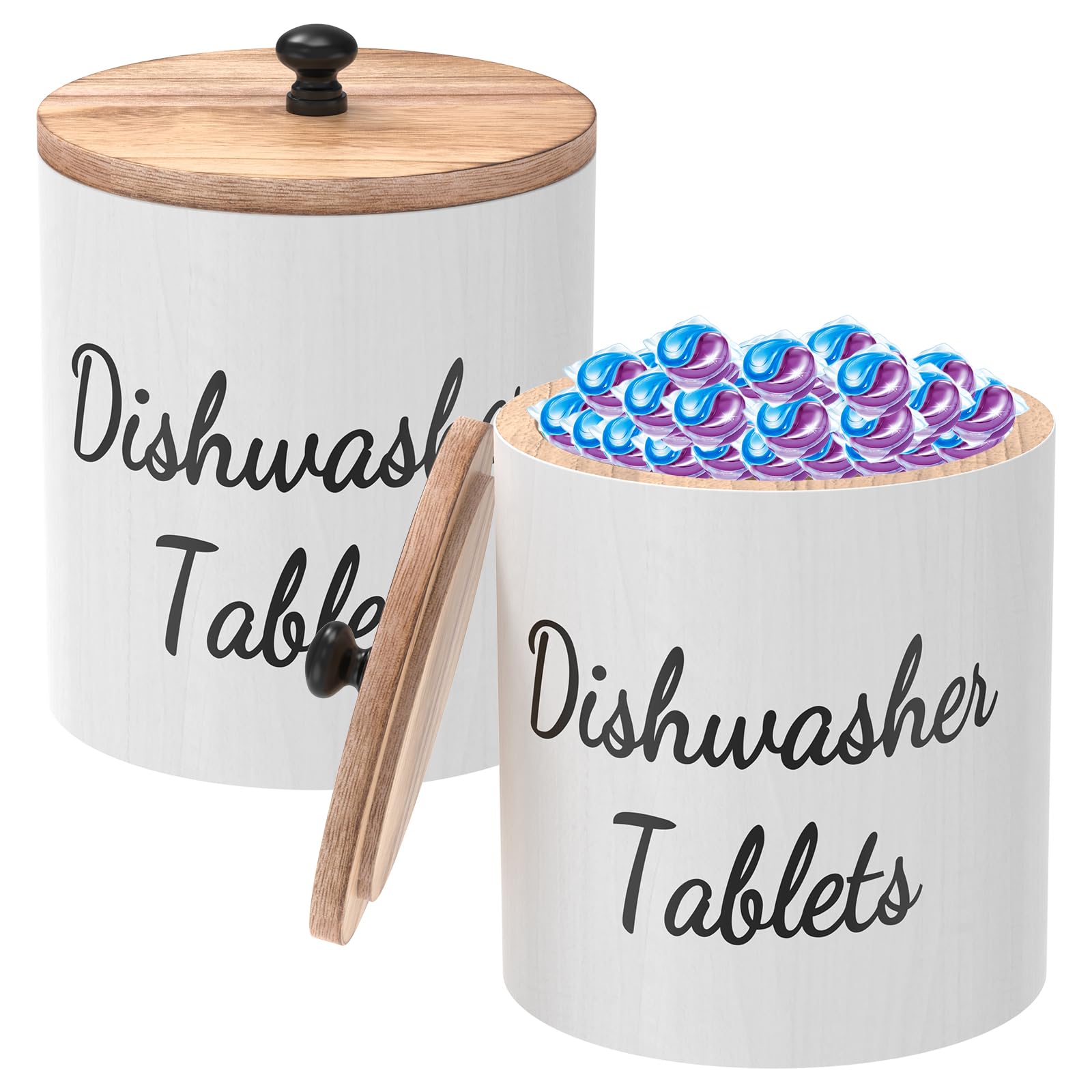 Guijzsltrg White 2Pcs Wooden Laundry Pods Storage Container With Lid Dishwasher Tablet Storage Box Rustic Round Laundry Pod Holder Multipurpose Bathroom Organizer For Washing Pods, Bath Bombs, Scent Booster(White)