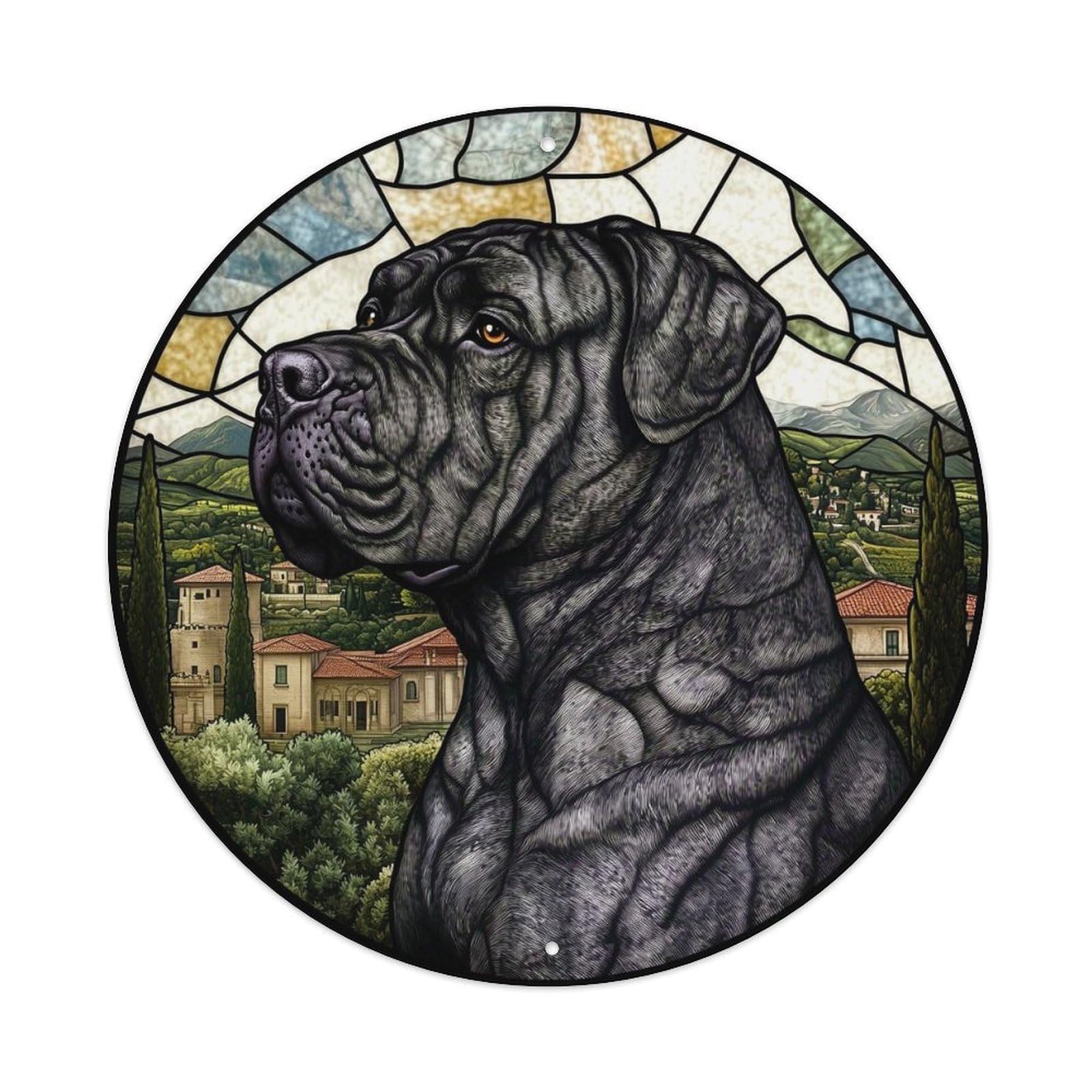 Stained Glass Dog Portrait Landscape Round Tin Sign Vintage Metal Sign Home Bar Garden Indoor & Outdoor Wall Decor Retro Metal Poster 8x8 Inch