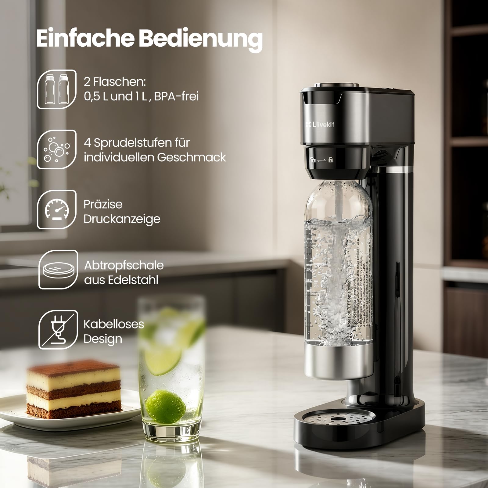 LLIVEKIT Wassersprudler, mit 4 einstellbaren Sprudelstufen, inkl. 0,5 L und 1 L PET-Flaschen BPA-frei, Sprudelwasser Maschine mit Abtropfschale, doppelte Sicherheitsventile, Schwarz