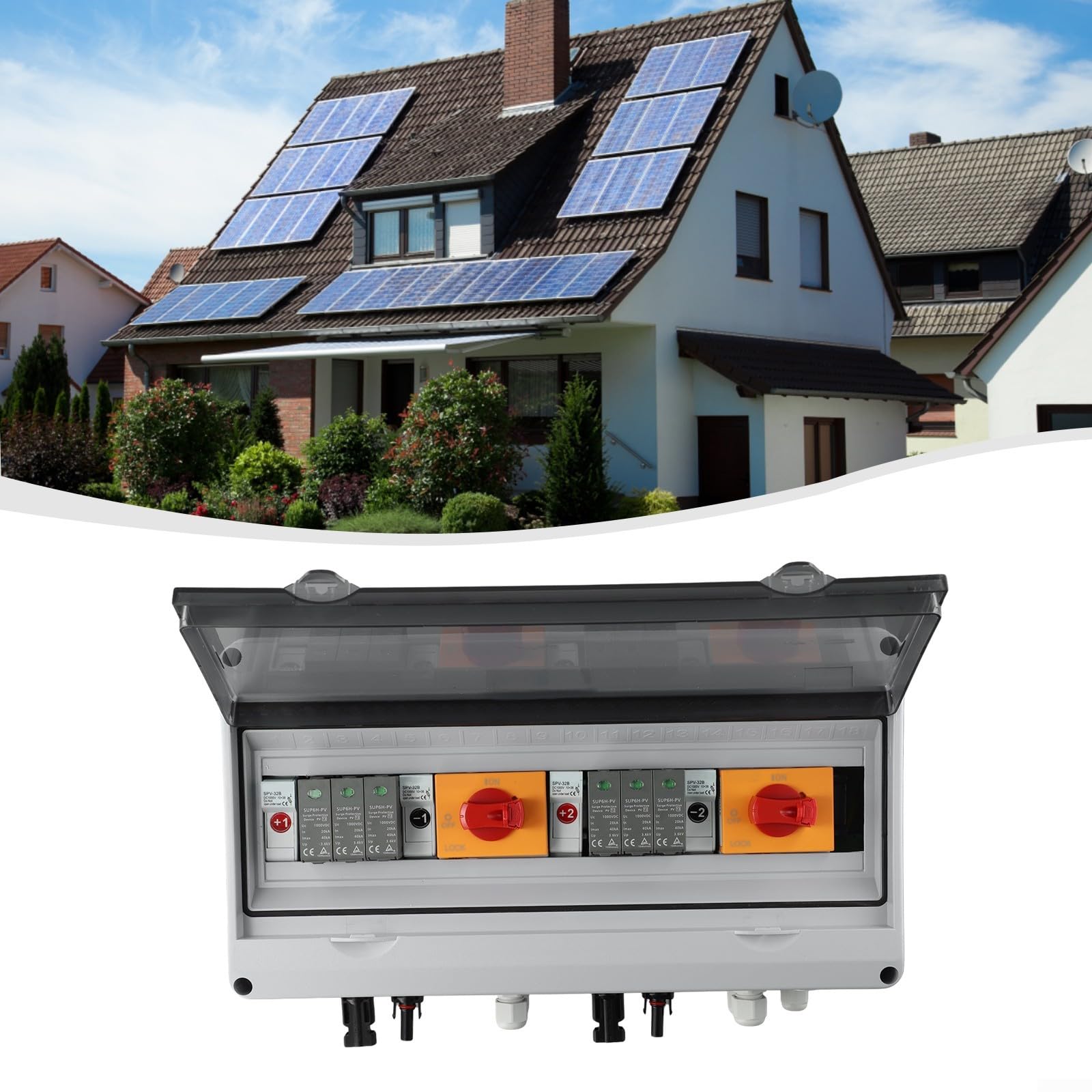 1000V PV-Kombinationsbox 2 Eingänge 2 Ausgänge IP65 Wasserdicht für Photovoltaikanlage mit Überspannungs- und Überlastschutz, Solarstromverteilung für Wohnhaus-Dachsysteme