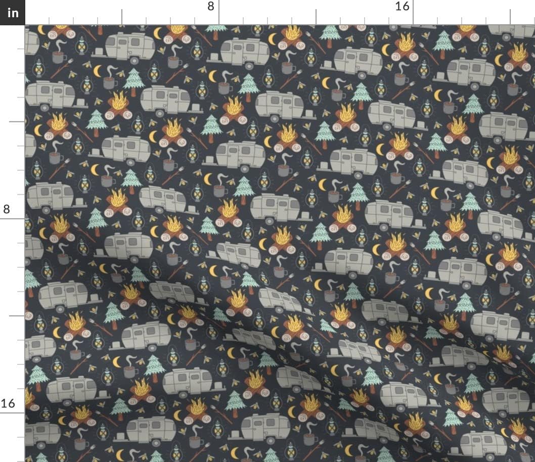 Spoonflower Fabric - Retro Camping Tree Coffee Outdoor Camp Fireflies Printed on Petal Signature Cotton Fabric Fat Quarter - Sewing Quilting Apparel Crafts Decor