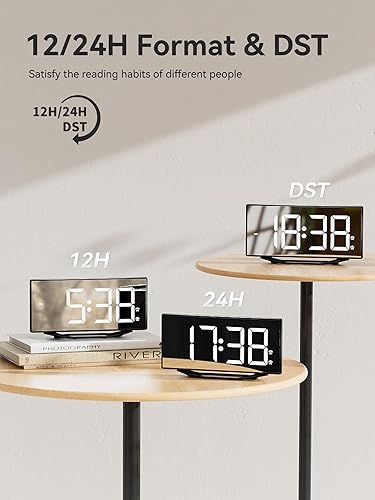 Miniatura 7 de Relojes despertadores digitales para dormitorios, relojes electrónicos con espejo LED de 8.7 pulgadas con 2 puertos de carga USB, 7 niveles de