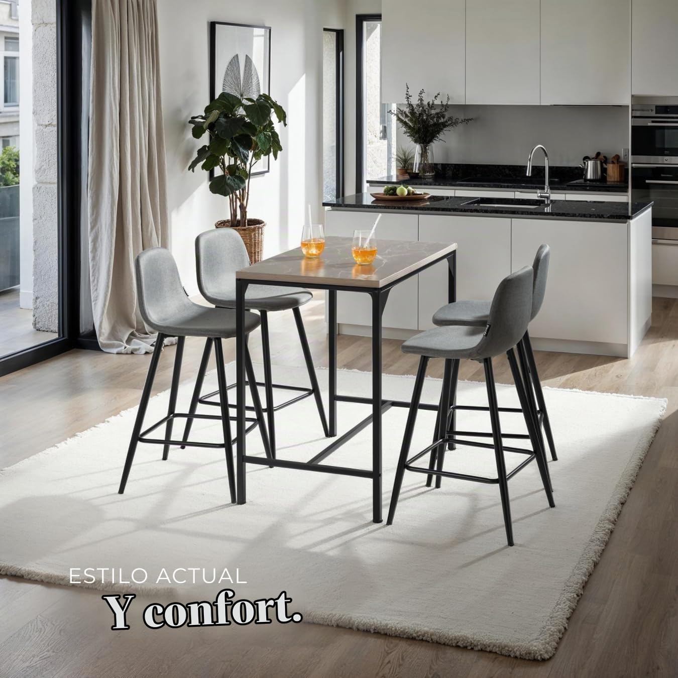 tectake® Taburete Alto con Respaldo, Acolchado, Reposapiés, Tejido Fácil De Cuidar, Patas De Acero, Pies Antideslizantes, Altura Ajustable, Silla Cocina o Bar, Banqueta - 2 sillas Gris Oscuro/Negro