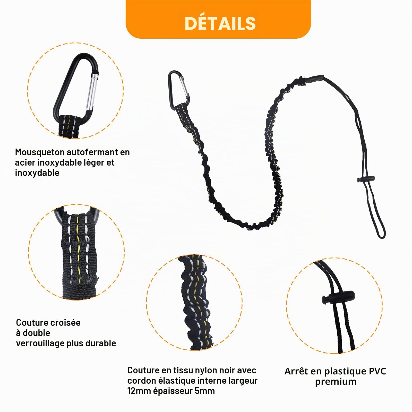 Cordon de Sécurité pour Travaux en Hauteur, Laisse à Outil de Sécurité Rétractable, Lanière de Sécurité avec Mousqueton, Limite de Poids Maximum 6.8KG/15lb Longe de Sécurité, 6pièces