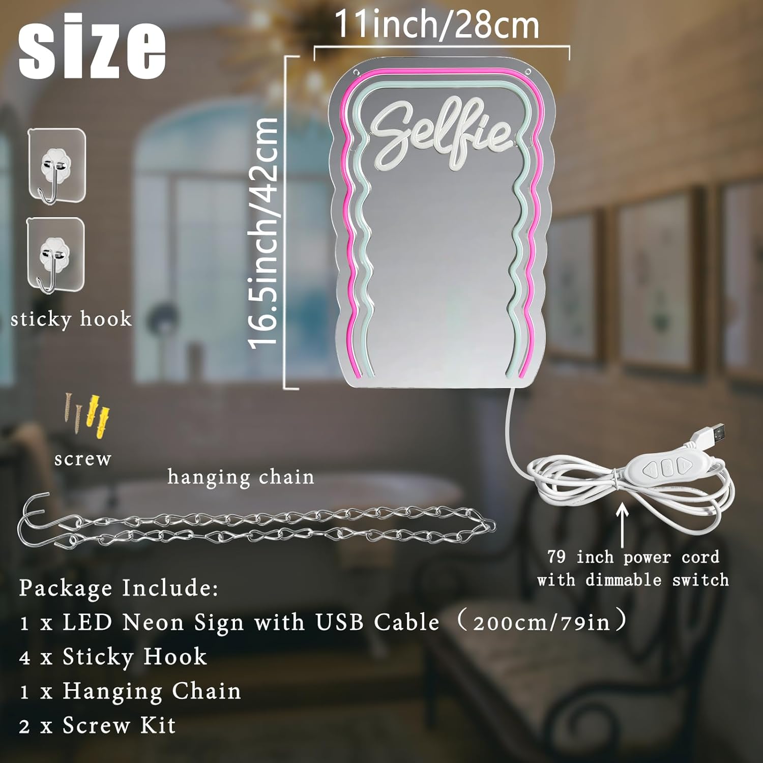 Wavy Neon Mirror Sign Dimmable Selfie Mirror Led Neon Signs for Wall Backdrop Decor Wave Neon Light Up Sign for Girls Bedroom Makeup Room Birthday Party Wedding Presents Studio