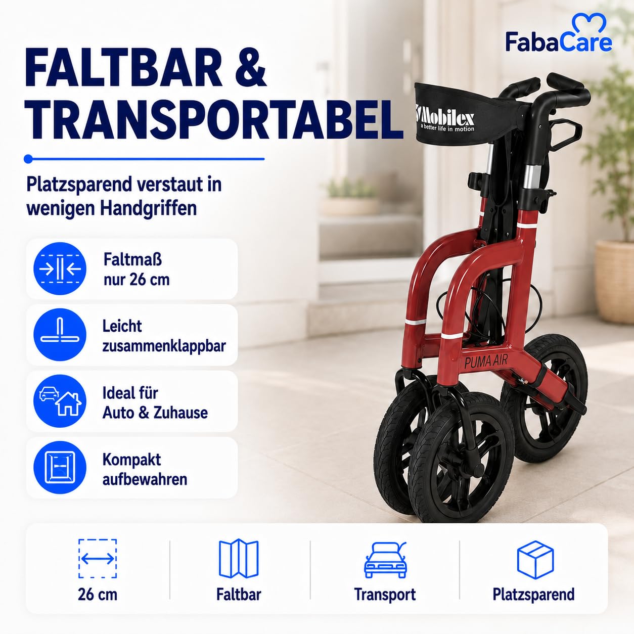 FabaCare Outdoor-Rollator Puma Air rot mit Luftbereifung | Leichtgewichtrollator faltbar bis 150 kg mit Tasche, Rückengurt, Stockhalter, Getränkehalter & Feststellbremse