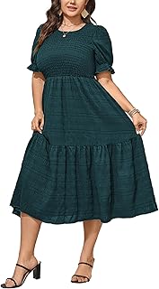 Womens Plus Size Summer Dresses 2025 Casual Puff Short Sleeve Crewneck Smocked Flowy Ruffle Boho Party Maxi Dress - Buy now