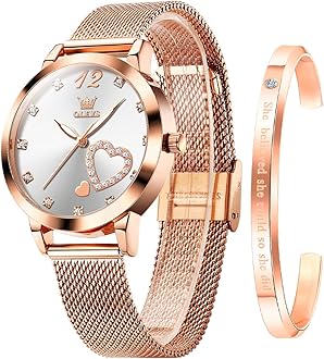 OLEVS Ladies Watches Rose Gold Stainless Steel Mesh Strap Heart Diamond Fashion Dress Japanese Quartz Waterproof Luminous Bracelet Sets (White)