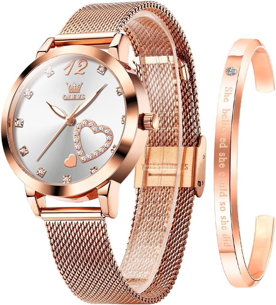 OLEVS Ladies Watches Rose Gold Stainless Steel Mesh Strap Heart Diamond Fashion Dress Japanese Quartz Waterproof Luminous Bracelet Sets (White)
