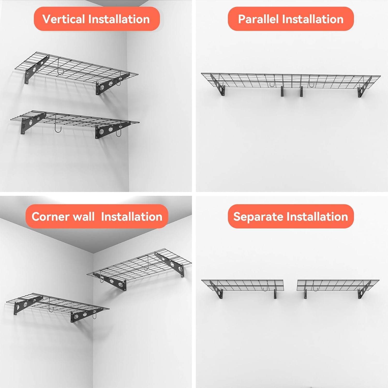 TORACK Garage 24 x 48 in/2 x 4 ft Wall Shelves, Heavy Duty Wall Mounted Wire Shelves for Garage Floating Shelf(Black, Pack of 2)