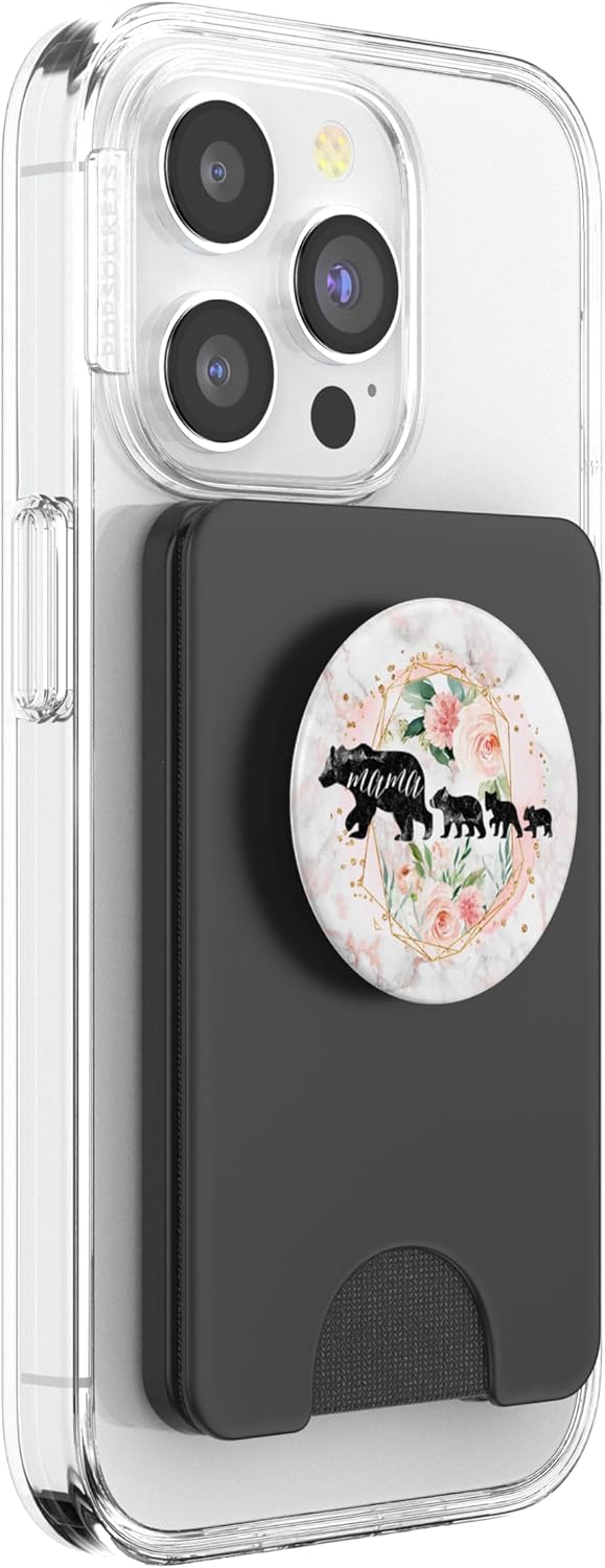 Mama Bear Three Cubs Blush Pink Watercolor Floral PopSockets PopWallet for MagSafe