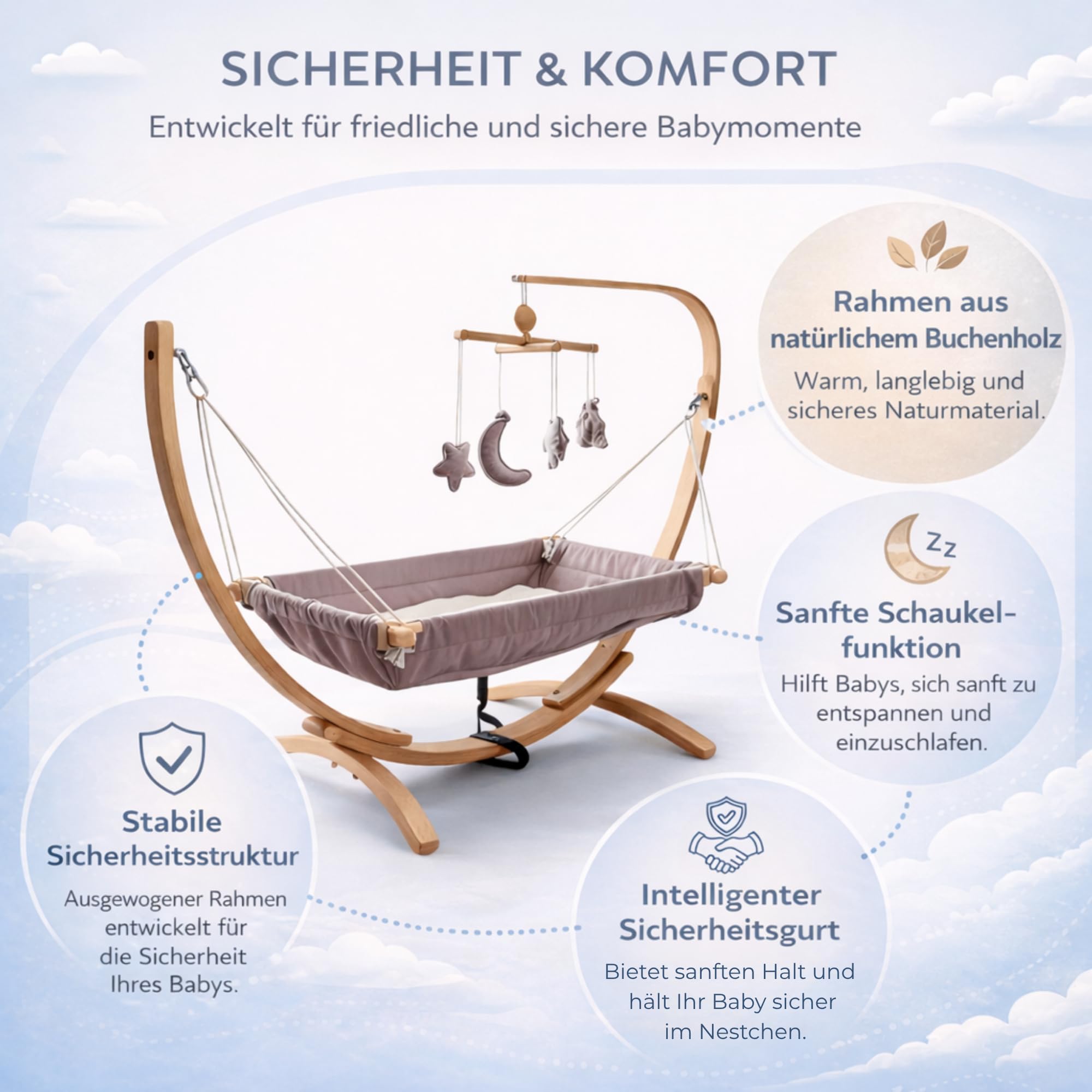 Hängematte mit Holzgestell, ergonomische Hängeliege, sanftes Schaukeln, Bequeme Stoffstruktur, leicht und tragbar, modernes Design, für Innenbereich und Balkon geeignet, einfache Montage (Grau-2)