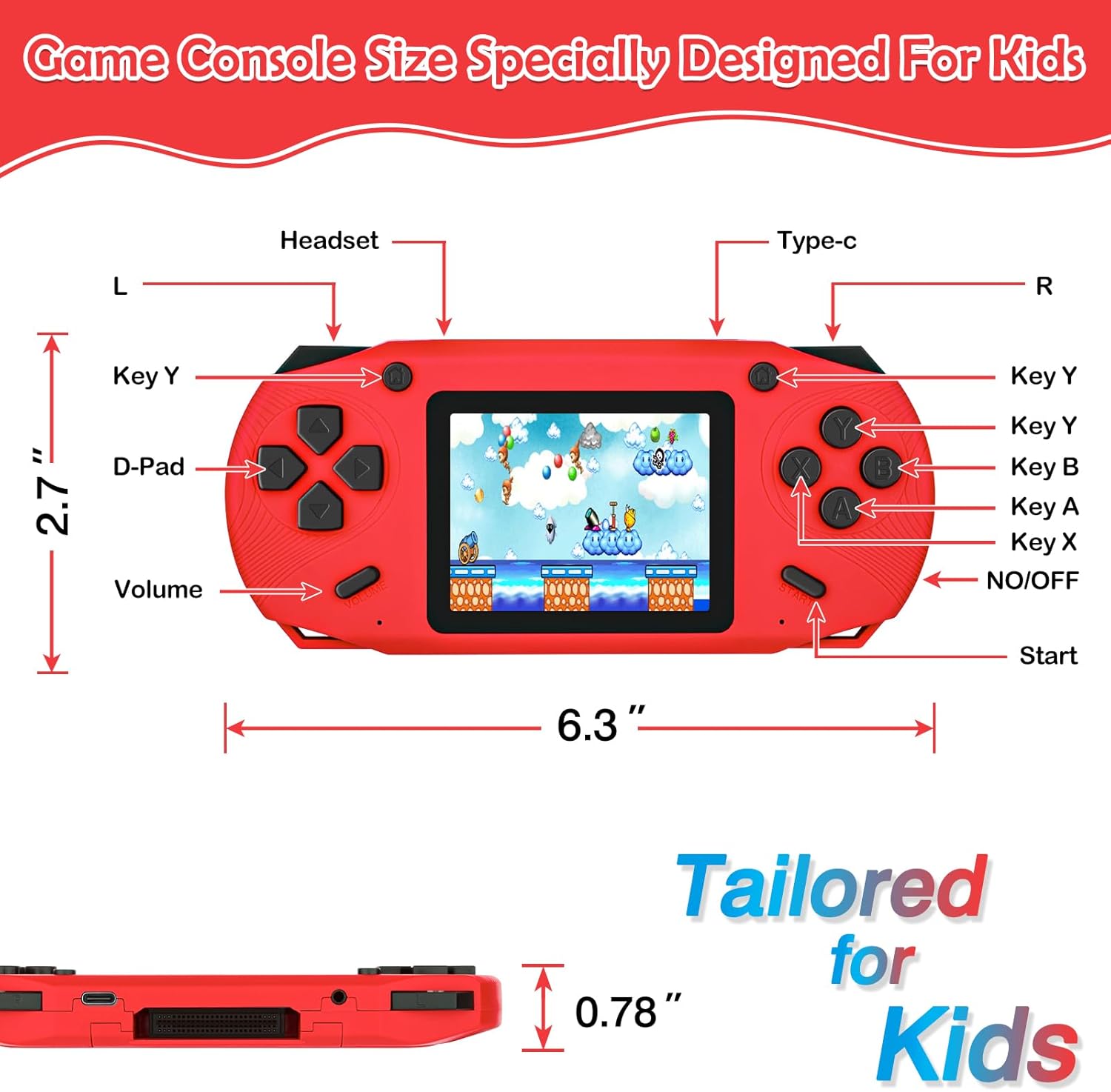 16 Bit Handheld Game for Kids, 3.0'' Large Screen Retro Gaming Player, Preloaded 200 HD Retro Kids Games with 2 Cartridges for Birthday Gift, Video Games for Boys & Girls Aged 4-12(Red)