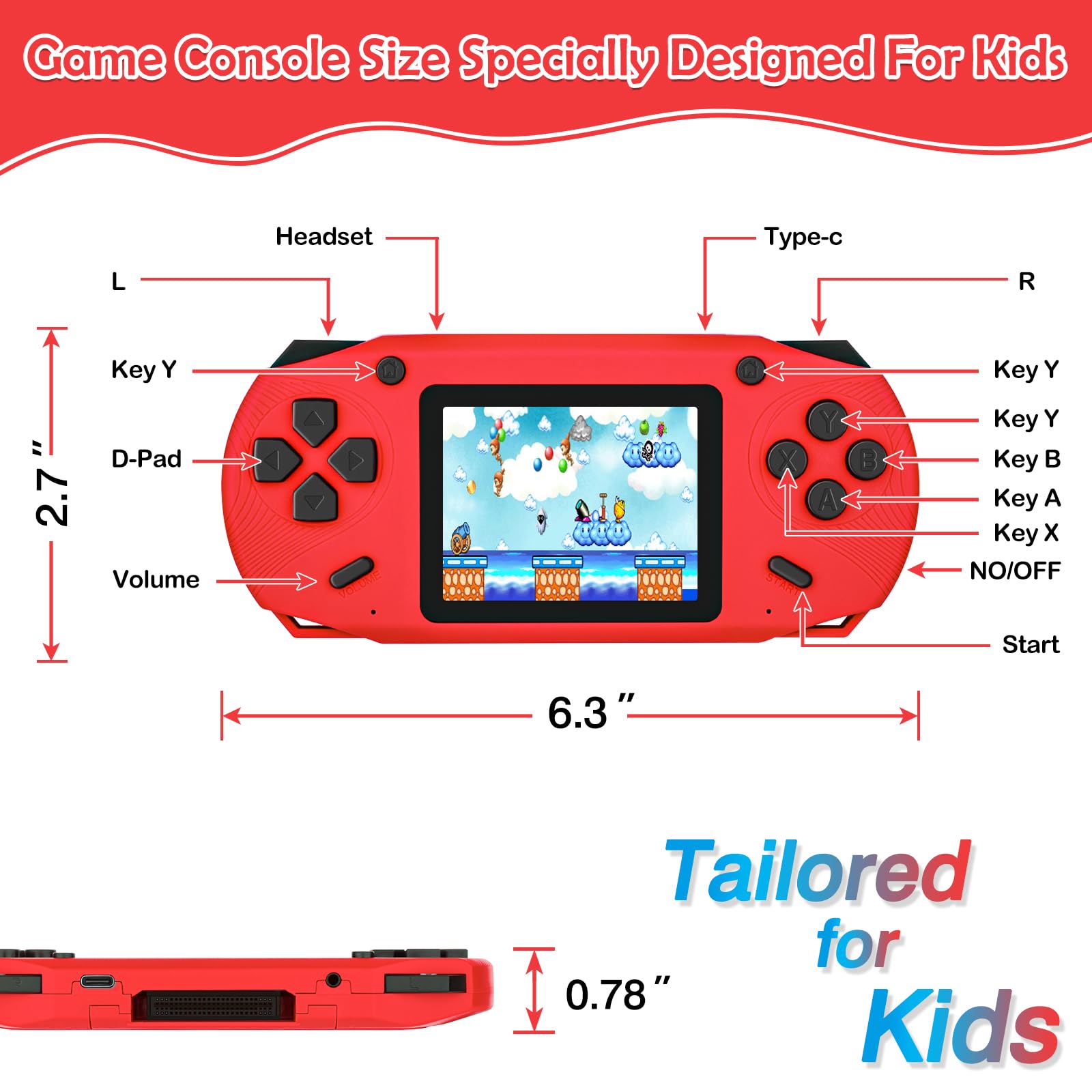 16 Bit Handheld Game for Kids, 3.0'' Large Screen Retro Gaming Player, Preloaded 200 HD Retro Kids Games with 2 Cartridges for Birthday Gift, Video Games for Boys & Girls Aged 4-12(Red)