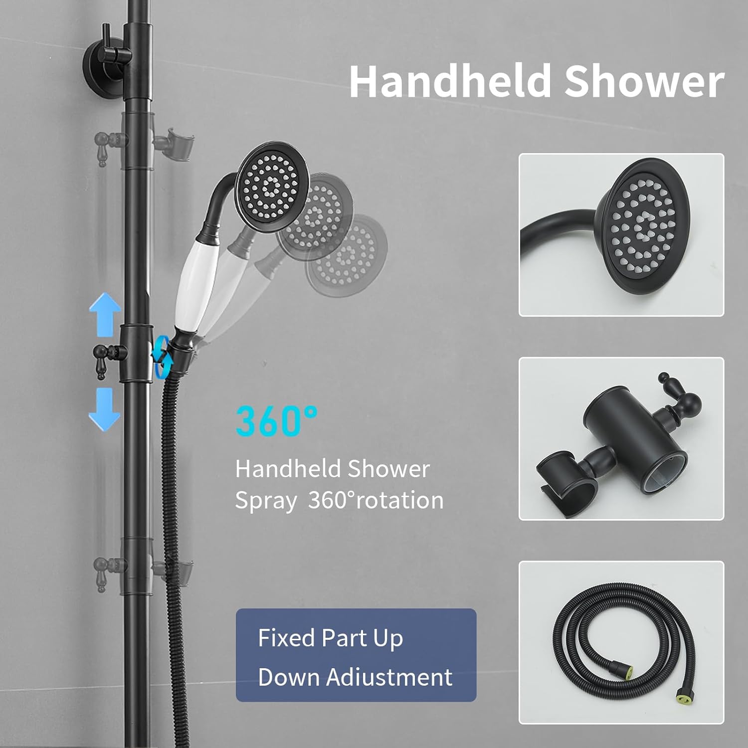 Outdoor Shower Features, Exposed Shower System, 3 Function Bathroom Shower Set with 8 Inch Rain Shower Head, Handheld Shower & Tub Spout, Dual Handle Wall Mounted Shower Faucet Kit,Black