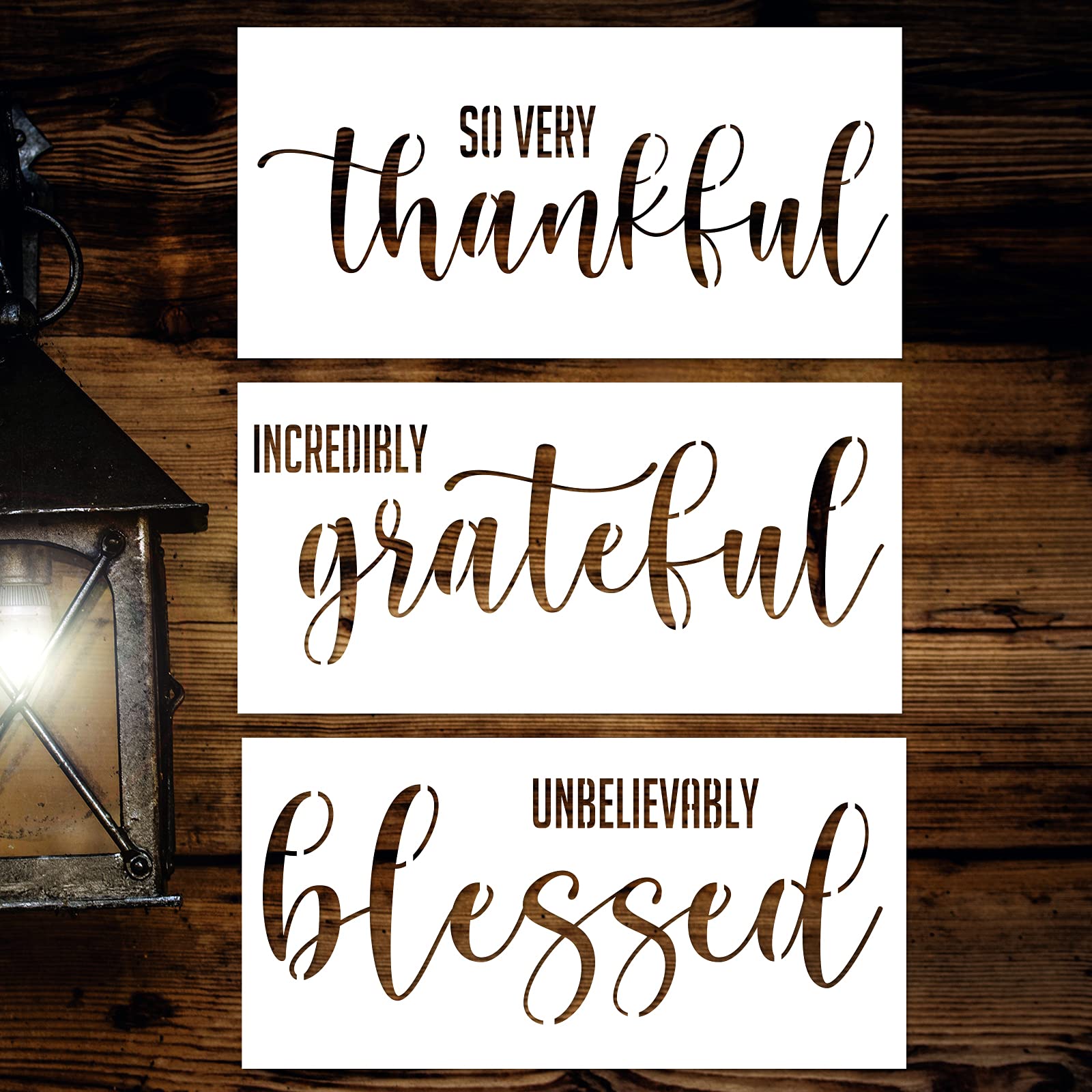 Thankful Grateful Blessed Stencil for Painting 12”X6” Reusable Drawing Template Stencil DIY Home Farmhouse Wall Art Furniture Canvas Paper Fabric Floor Tiles Decoration Set of 3