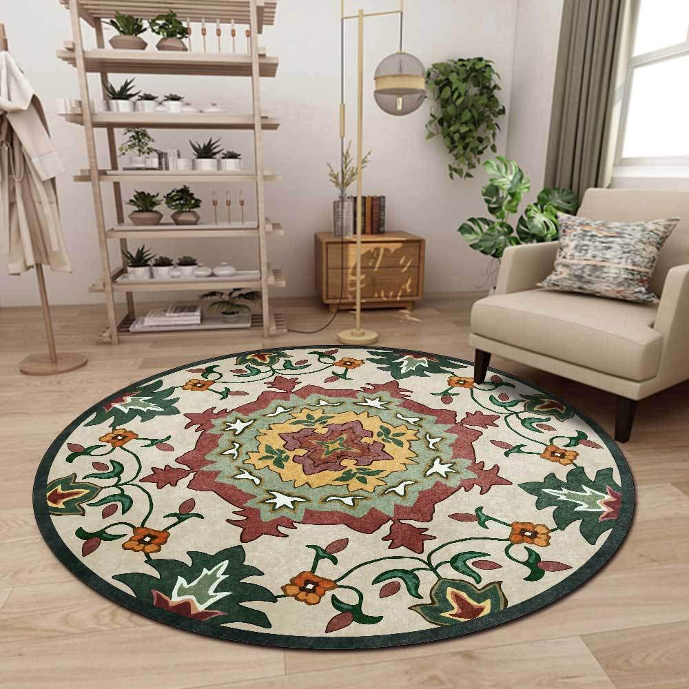 Tapis de salle à manger rond vert 170cm grand tapis rétro lavable chambre