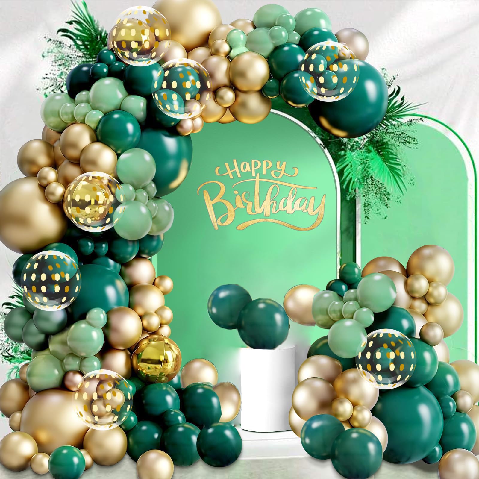 Green & Gold Balloon Arch Garland Kit, 145Pcs Metallic Gold Confetti Emerald Green Balloons for Birthday Party & Baby Shower Decorations, Jungle Safari Theme