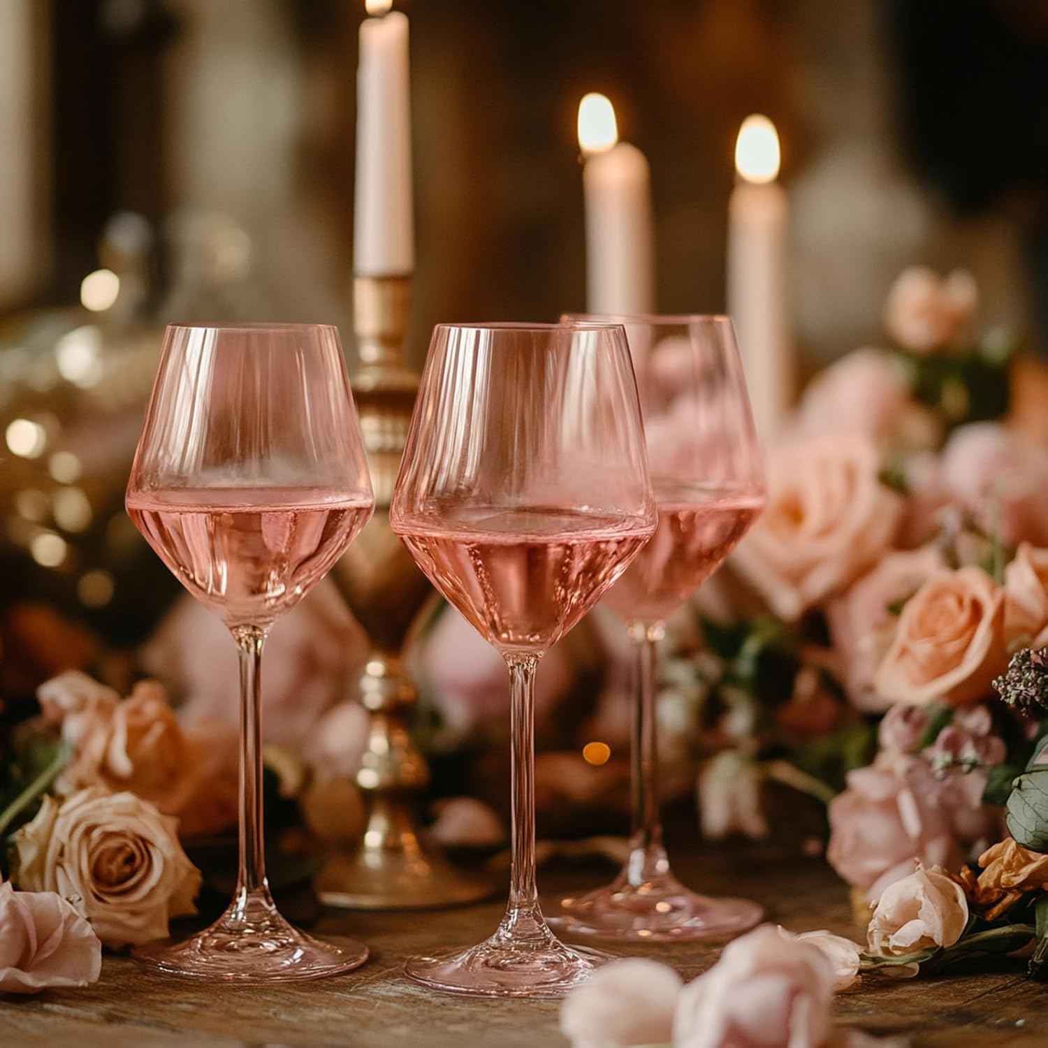 Elegant Pink Wine Glasses Set of 6 – Hand Blown Tulip Shape Long Stem Glassware – 15oz Pink Wine Glasses for Women, Wedding, Party, Bridesmaid Gift, Fancy Champagne or Rosé Goblets