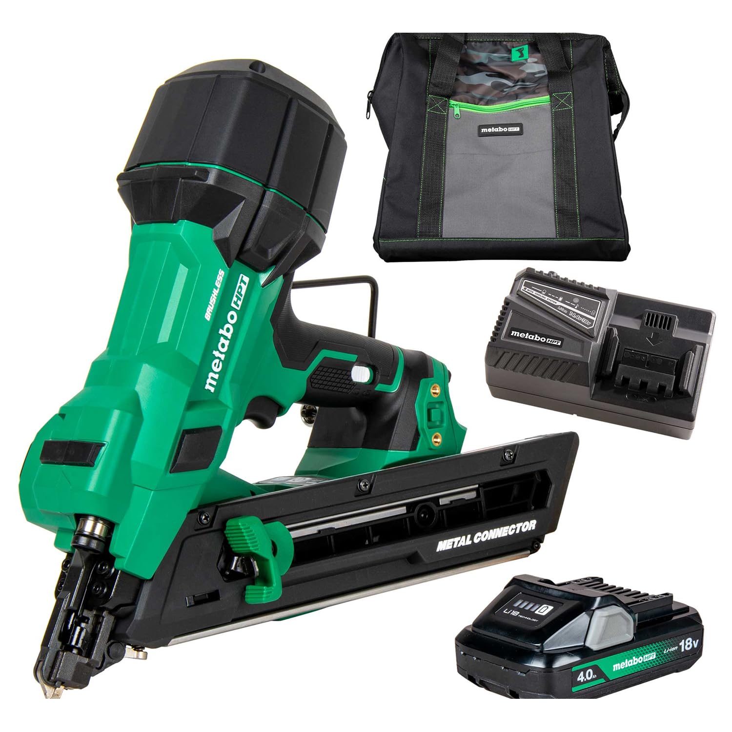 Metabo HPT 18V MultiVolt Brushless 1-1/2" Metal Connector Nailer, Cordless Air Spring Nailer with 18V 4.0Ah Battery, Lightweight Design, 600 Nails Per Charge, Sequential Actuation, NR1838DKA