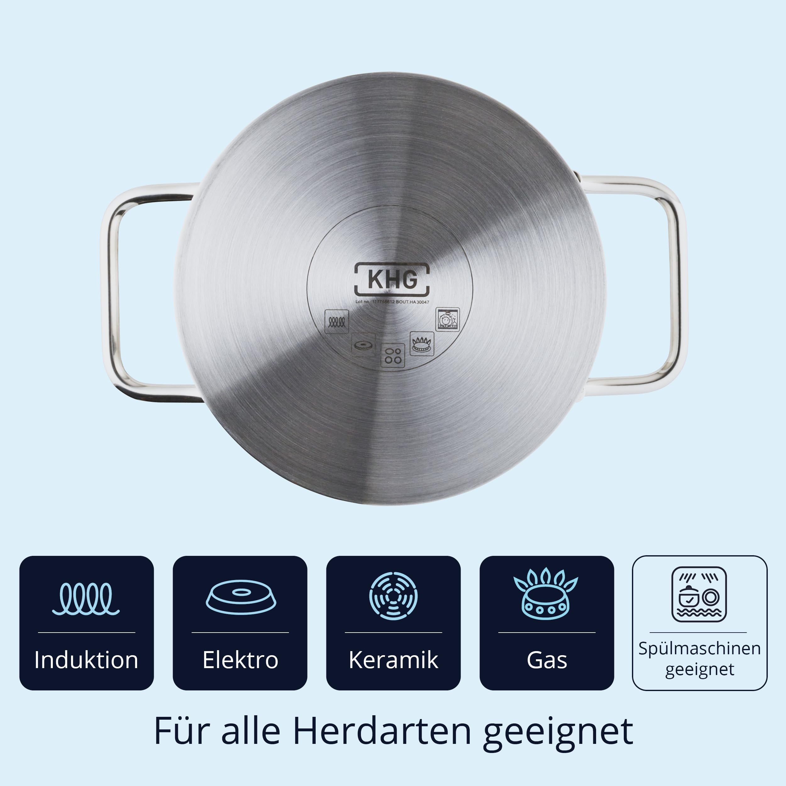 KHG Topfset 5-teilig Edelstahl, Innenskala, Kasserolle, für Küche und Herd | mit Dünsteinsatz zum Dampfgaren, Induktion Kochtopf 16 cm, 20 cm, 24 cm, Glasdeckel mit Dichtring und Sieb, für Zuhause