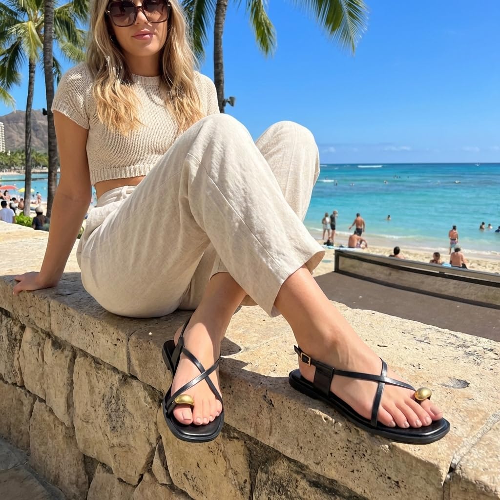 CUSHIONAIRE Corfu Flat Sandals for Women – Strappy Design with Toe Loop and Adjustable Ankle Strap – Lightweight Summer Dress Sandal