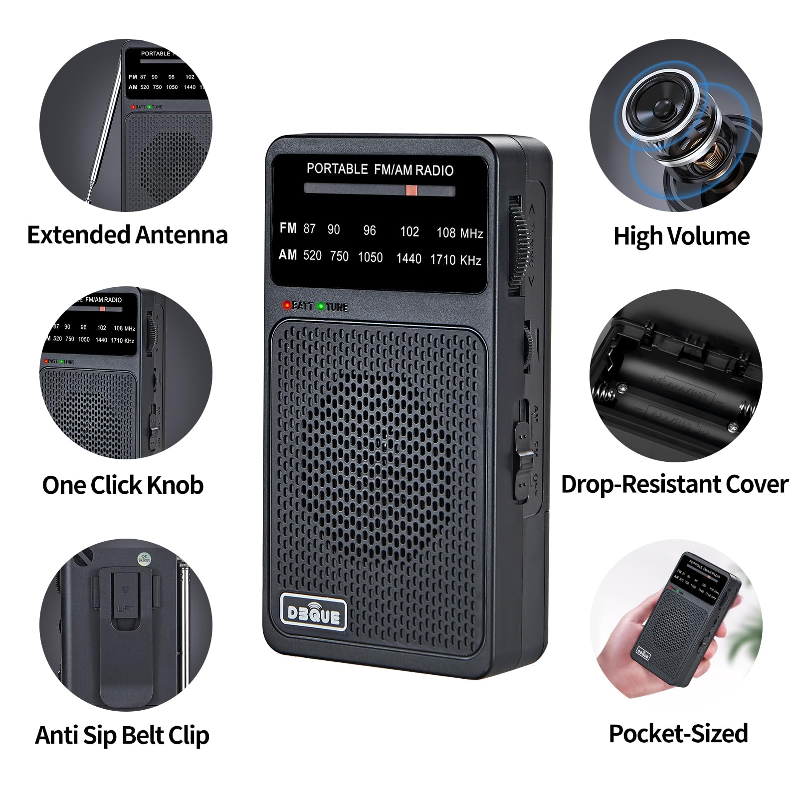 Radio portátil AM FM, radio a pilas con luz de sintonización, clip trasero, excelente recepción, radios AM FM portátiles, radios transistores (negro)