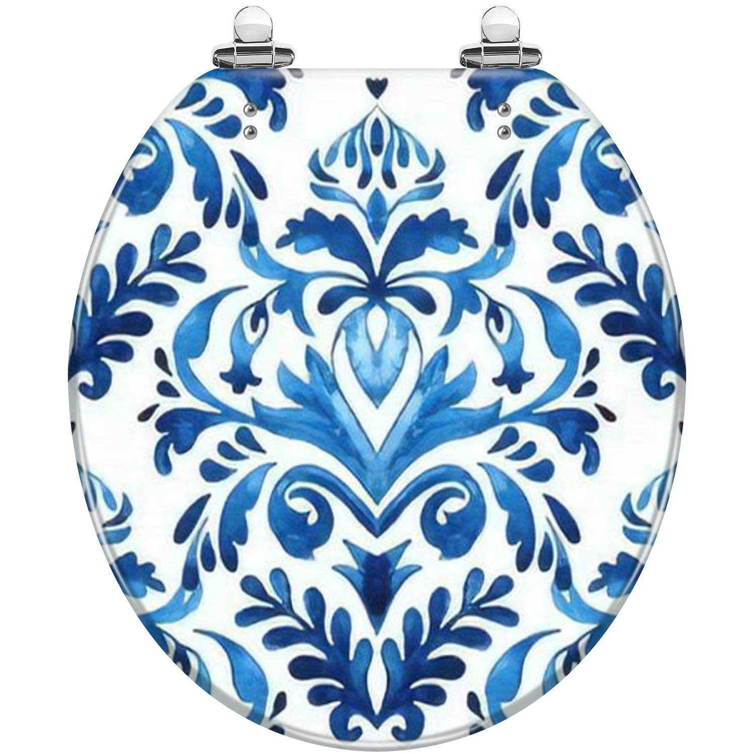 Round Toilet Seat Watercolor blue floral design ikat mediterranean style Seamless Resin Toilet Seat Quietly Slow Close with Quick-Release Hinges Toilet Seat with Cover Easy to Clean Install