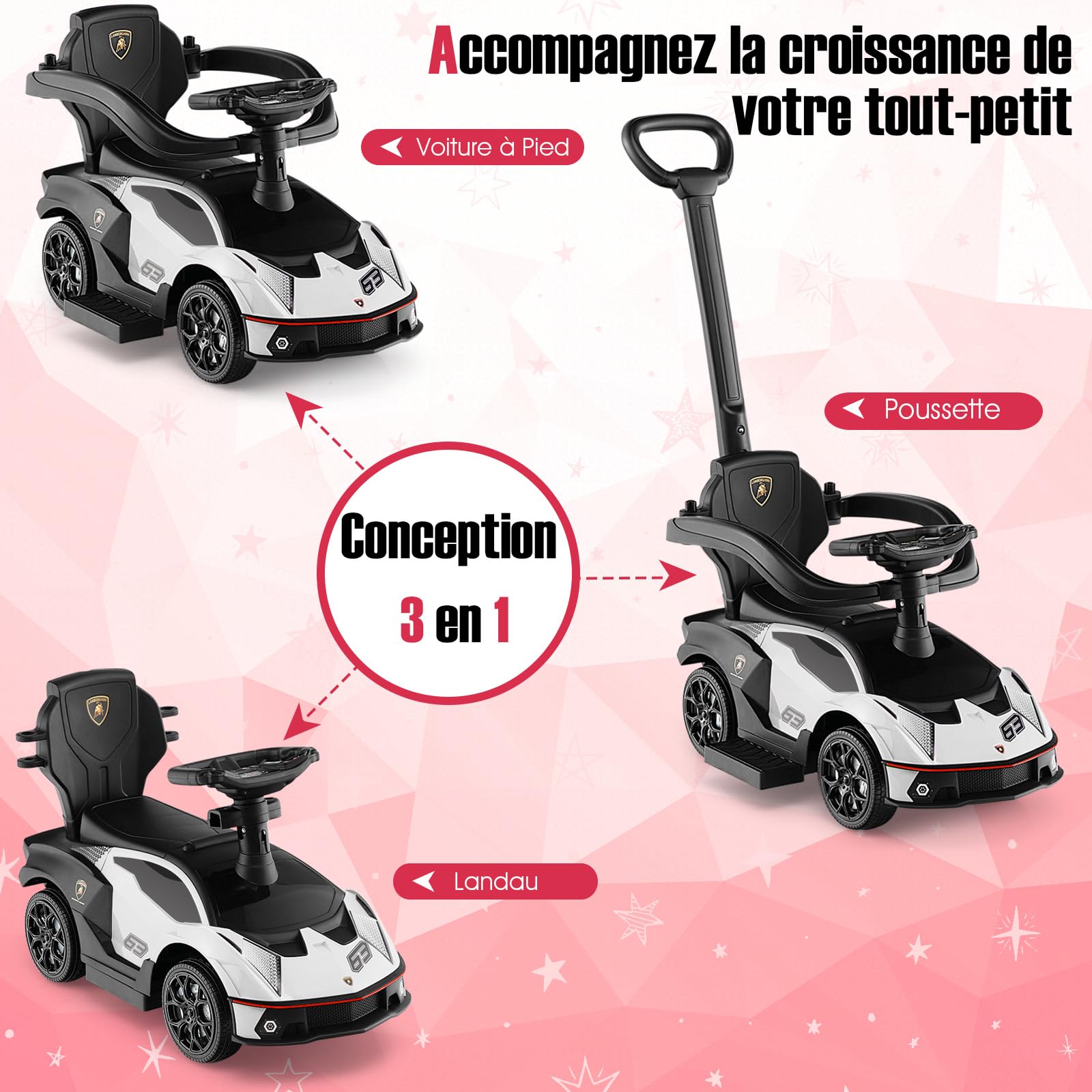 DREAMADE Voiture Porteur Enfant pour 1-3 Ans Lamborghini, Porteur Bebe avec Klaxon & Sons du Moteur, Poignée de Poussée, Garde-Corps Amovible, Rangement sous Le Siège (Blanc)