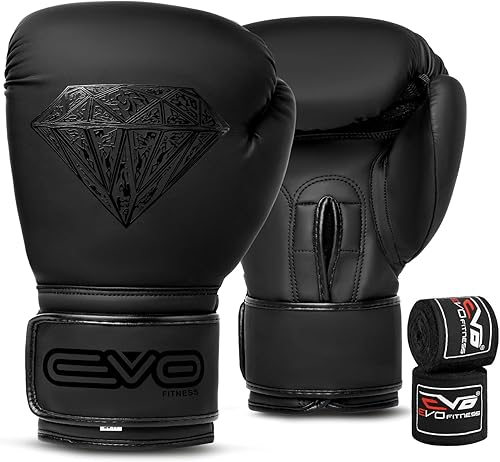 EVO Guantes de boxeo con vendas de mano para hombres y mujeres con gel profesional de cuero para Muay Thai Kick Boxing, Sparring, lucha y