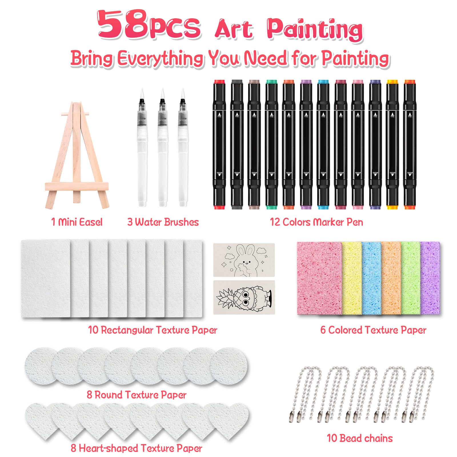 Tiiyee Kit di Pittura Magica 58 Pezzi, Disegno che Si Gonfia in Schiuma Set Arte per Bambini con 32 Carte Cavalletto Pennarelli Colori Pennelli e Accessori Regali Creativi 3D per Natale e Compleanno