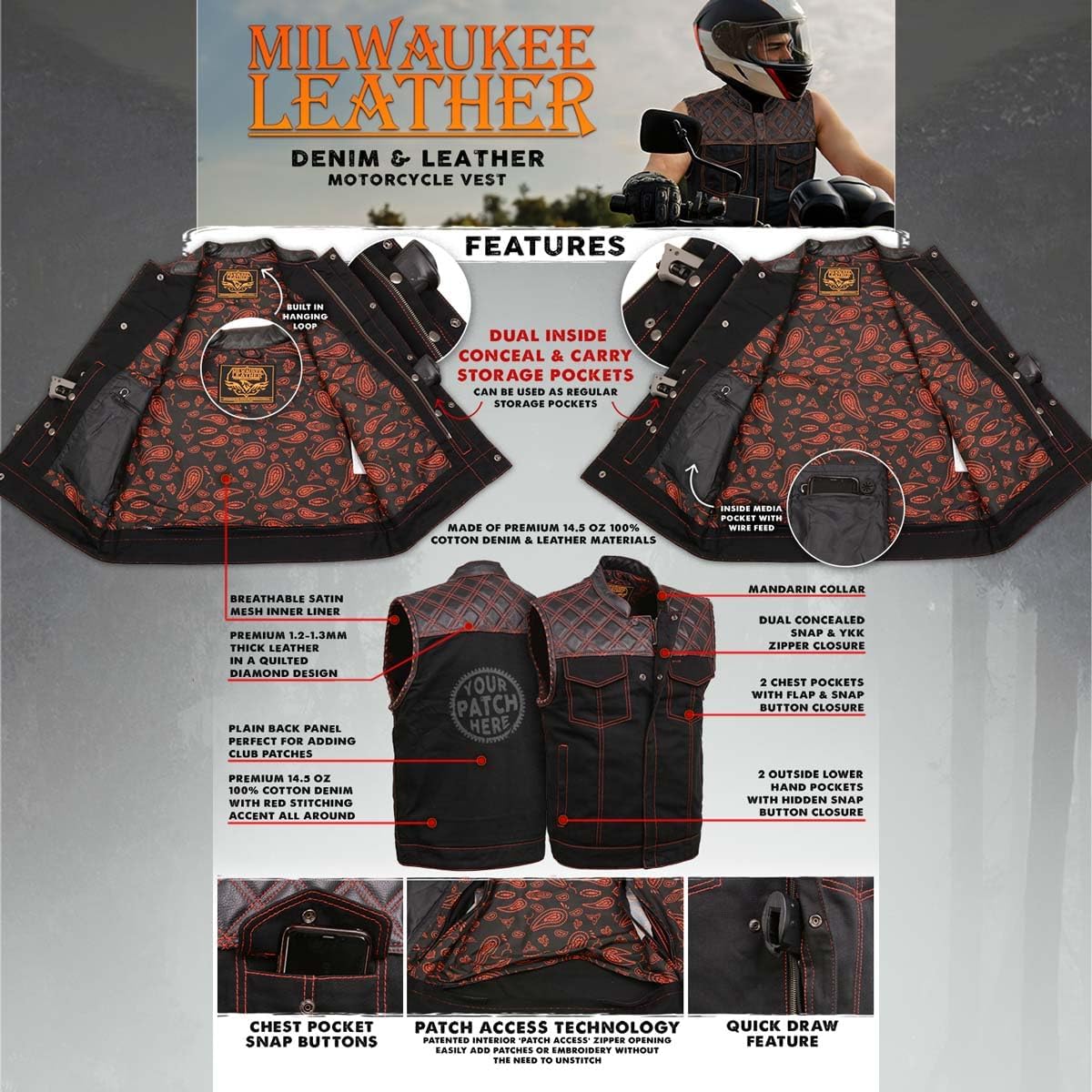 Milwaukee Leather MDM3036 Men’s Wrecker Club Vest – Black Denim & Leather, Diamond Quilt, Red Stitch