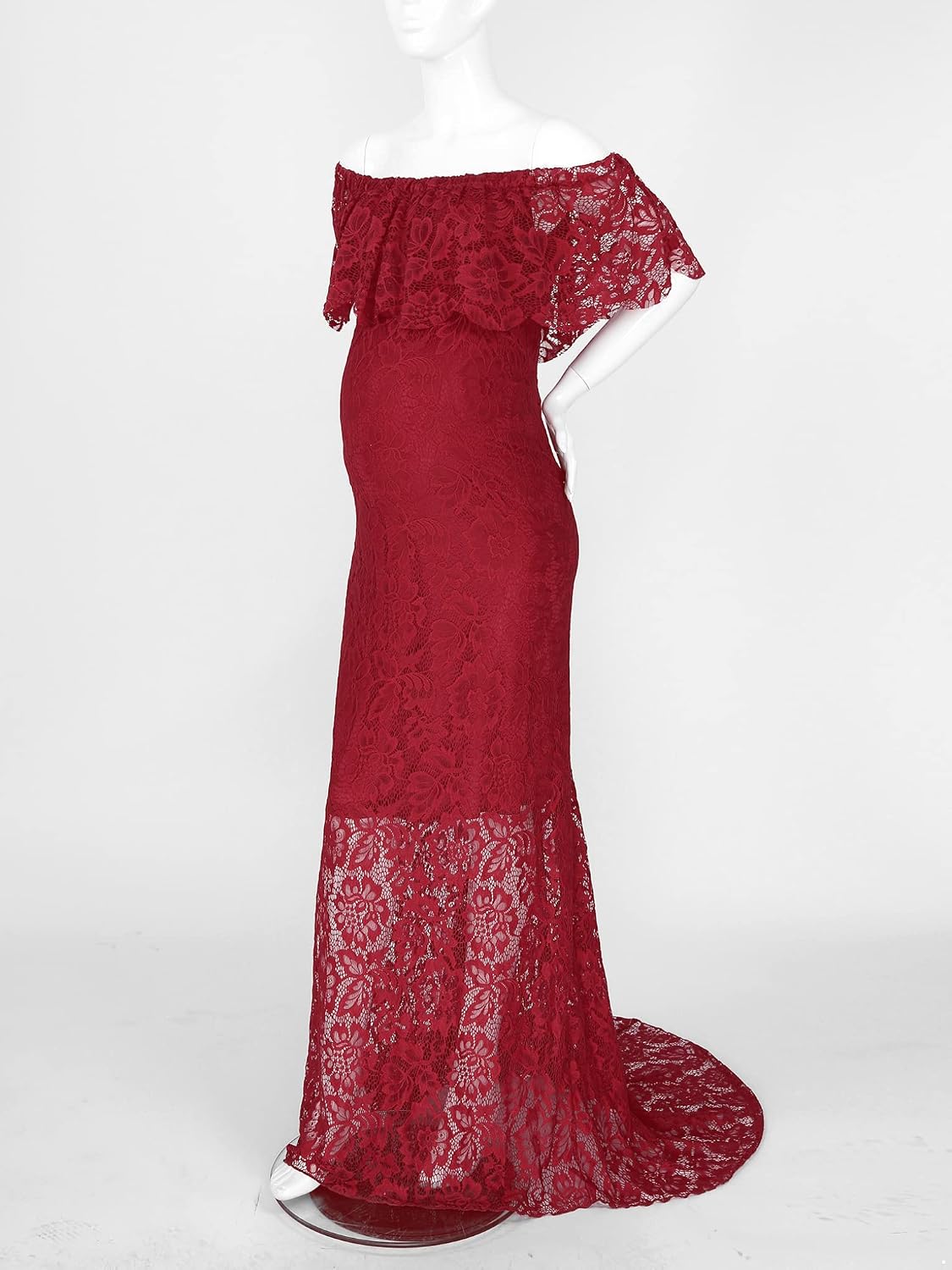 Fitted Lace Maternity Gowns Ruffle Sleeve Off Shoulder Floor Dress for Photography Baby Shower