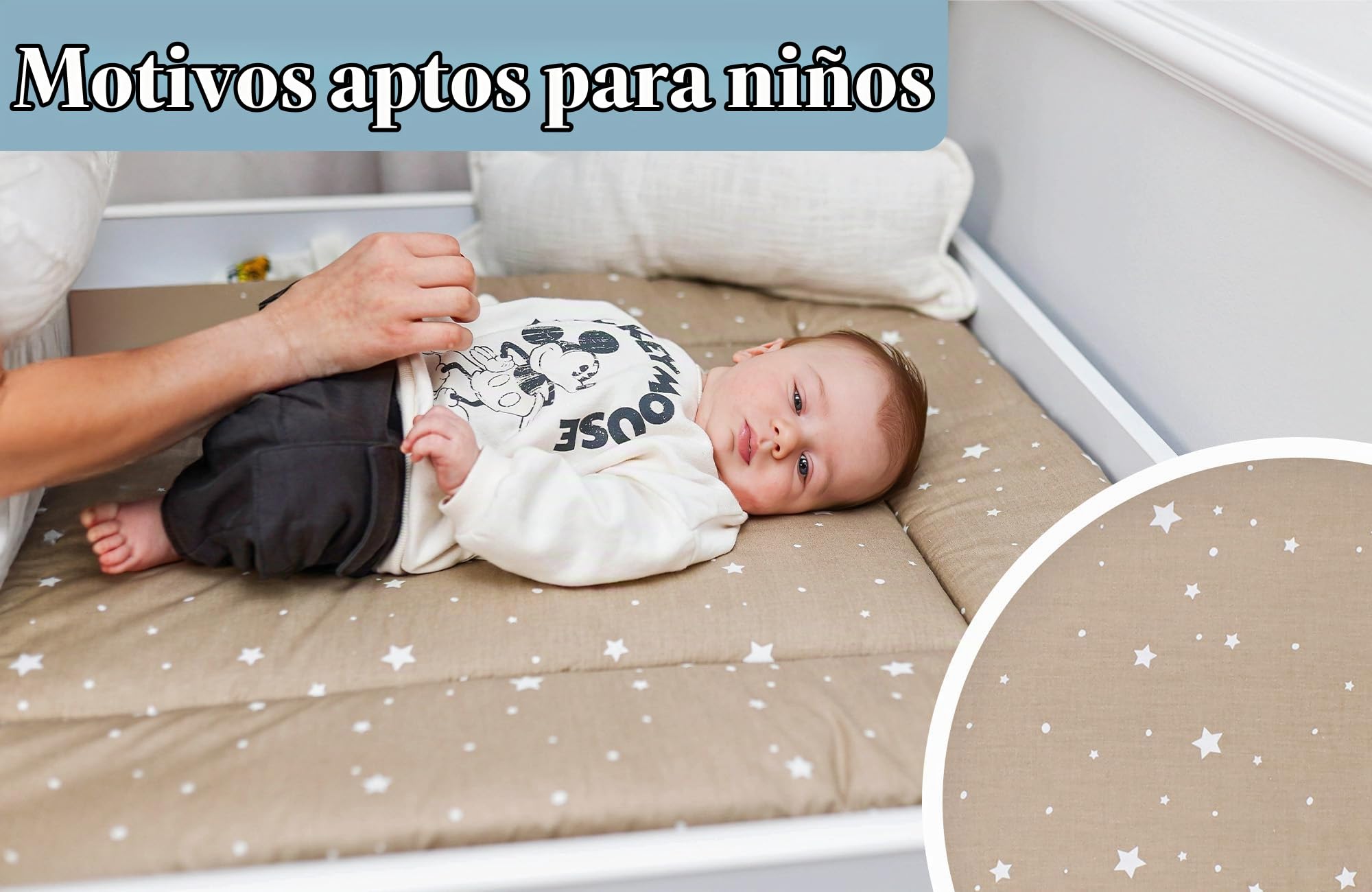 Colchon cambiador bebe comoda 75x72 cm - colchón de algodón impermeable y plegable portátil para cómoda fácil de limpiar cojin muda trocador 75 x 72 Oeko-Tex Beige con estrellas blancas