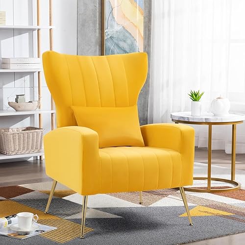 Miniatura 6 de Silla decorativa moderna de terciopelo con brazo y respaldo de ala, silla auxiliar para sala de estar y dormitorio con patas de metal dorado y