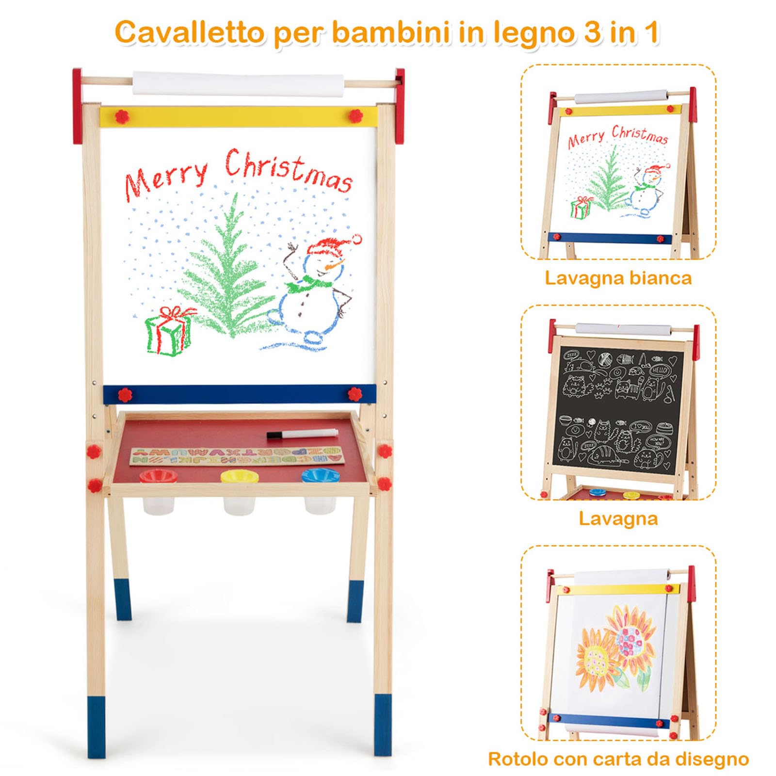 COSTWAY Cavalletto per Bambini 3 in 1, Lavagna Bifacciale, Cavalletto per Disegnare, con Rotolo di Carta, Lavagna Bianca Magnetica, Accessori Completi, in Legno (60x55x(112,5-124,5) cm)