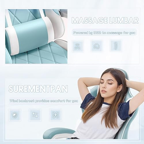 Miniatura 5 de Silla de juegos Shahoo con reposapiés y soporte lumbar de masaje, asiento de computadora de oficina ergonómico, altura ajustable con reposacabezas,