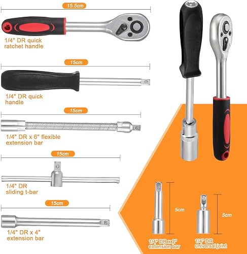 Faankiton 53PCS Coffret de Douilles, Coffret de Embouts, Jeu Coffret Douille Clé à Cliquet de Dégagement, Coffret de Douilles et Embouts Clés à Cliquet 1/4" 72 Dents - 3