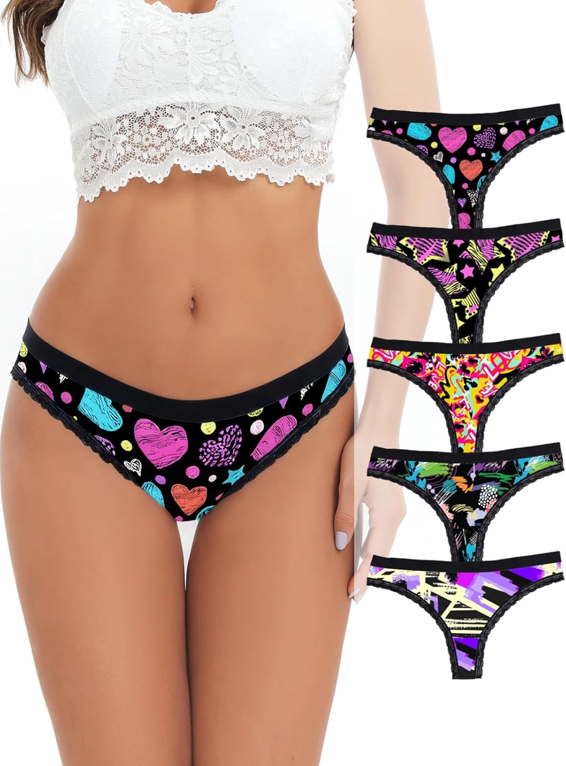 Morvia 5pcs Women Sexy Coquette Contrast Lace Trims Heart Floral Print Thongs Cute Valentine's Day Comfy Intimates Panties