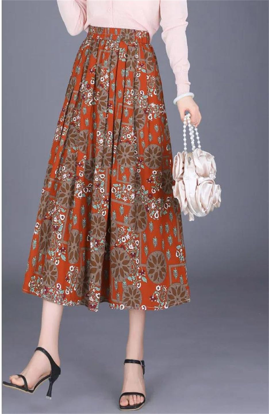Womens Print Pleated Skirts Female Elastic High Waist Mid Long Pockets Big Swing Skirt