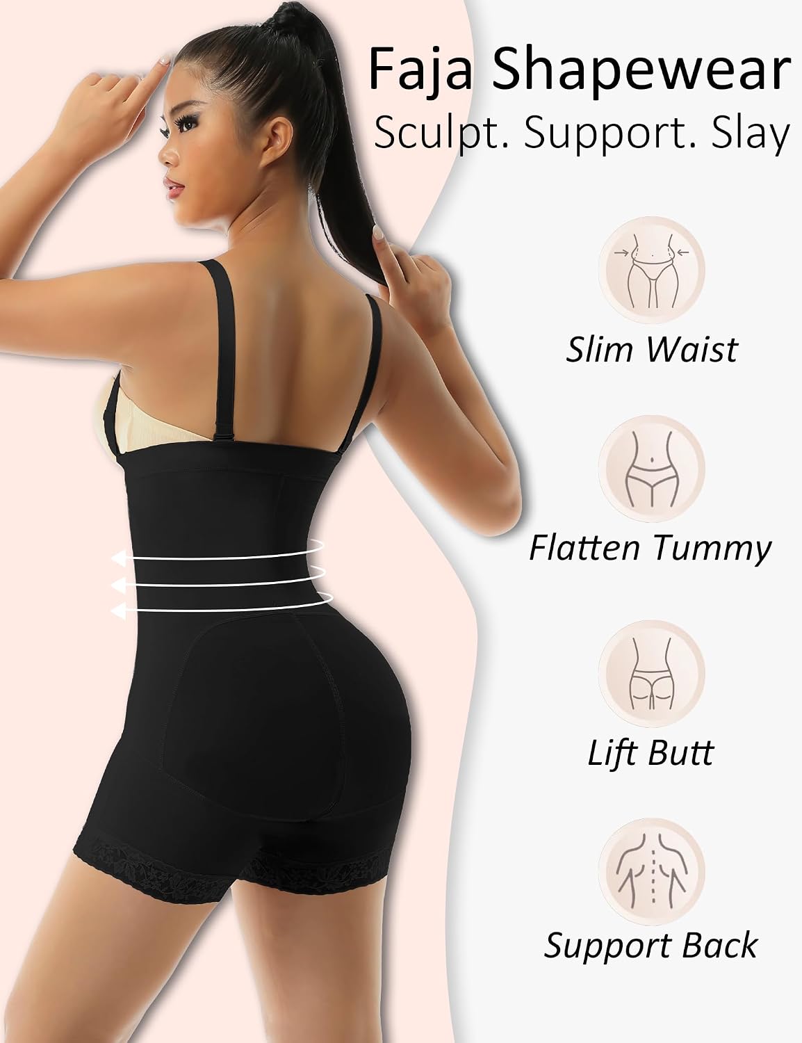 Womens Shapewear Tummy Control Faja Body Shaper with Side Zipper Postpartum Girdle High Waist Butt Lifter Bodysuit