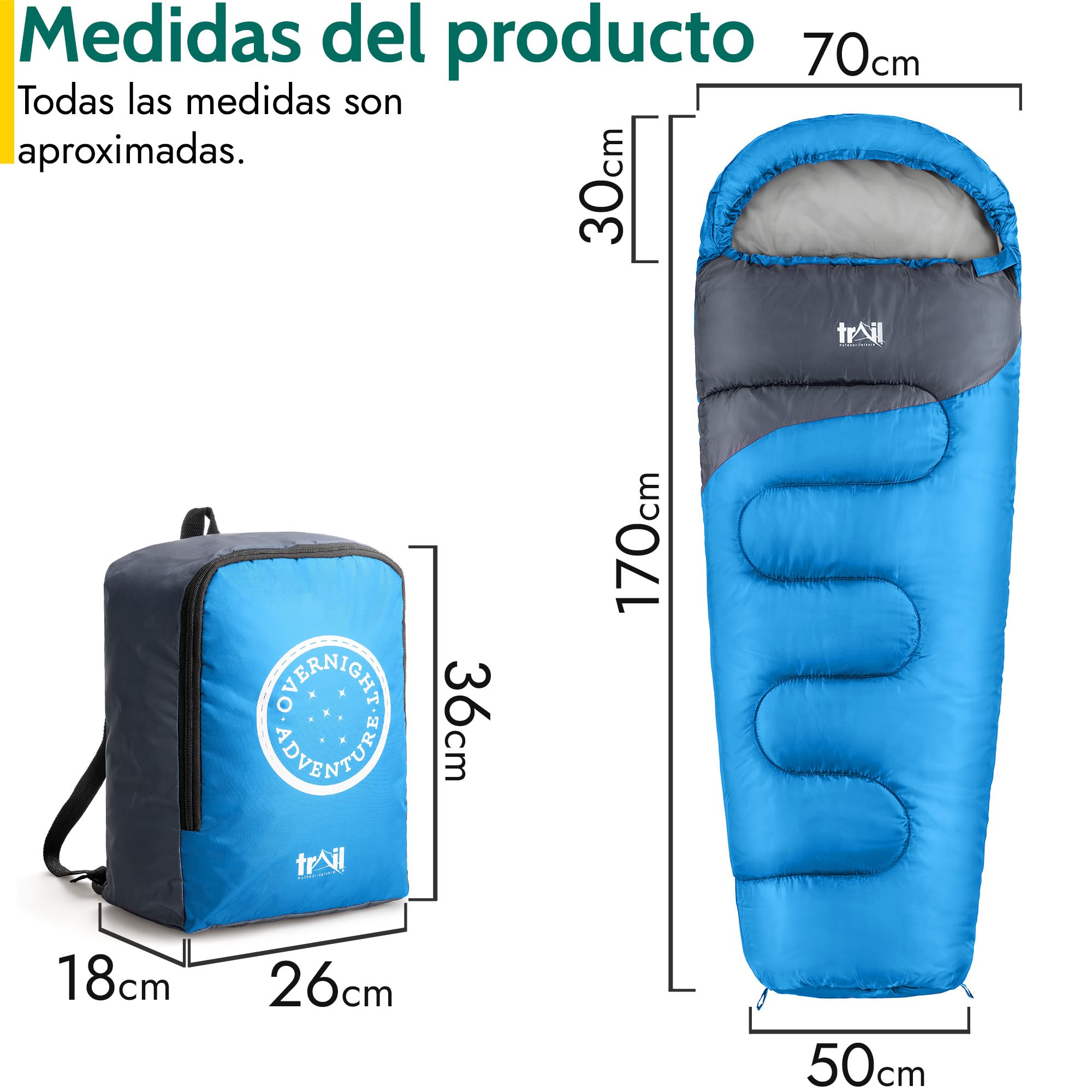 Trail Saco de Dormir Niños Overnight Adventure Estilo Momia – Saco de Dormir Ligero para 3 Estaciones 300gsm – Saco de Dormir Niño o Niña con Bolsa Mochila