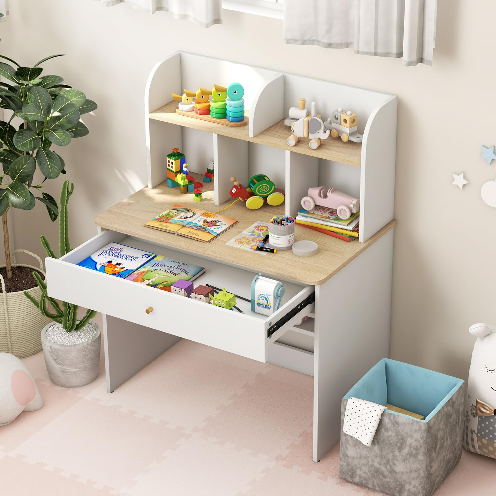 COSTWAY Scrivania in Legno 80 x 48 x 102 cm per Bambini 3+ Anni, Scrivania Cameretta Bambina con 5 Mensole, 1 Cassetto, Spazio di Lavoro e Angoli Arrotondati, Ideale per Studio e Disegno (Naturale)