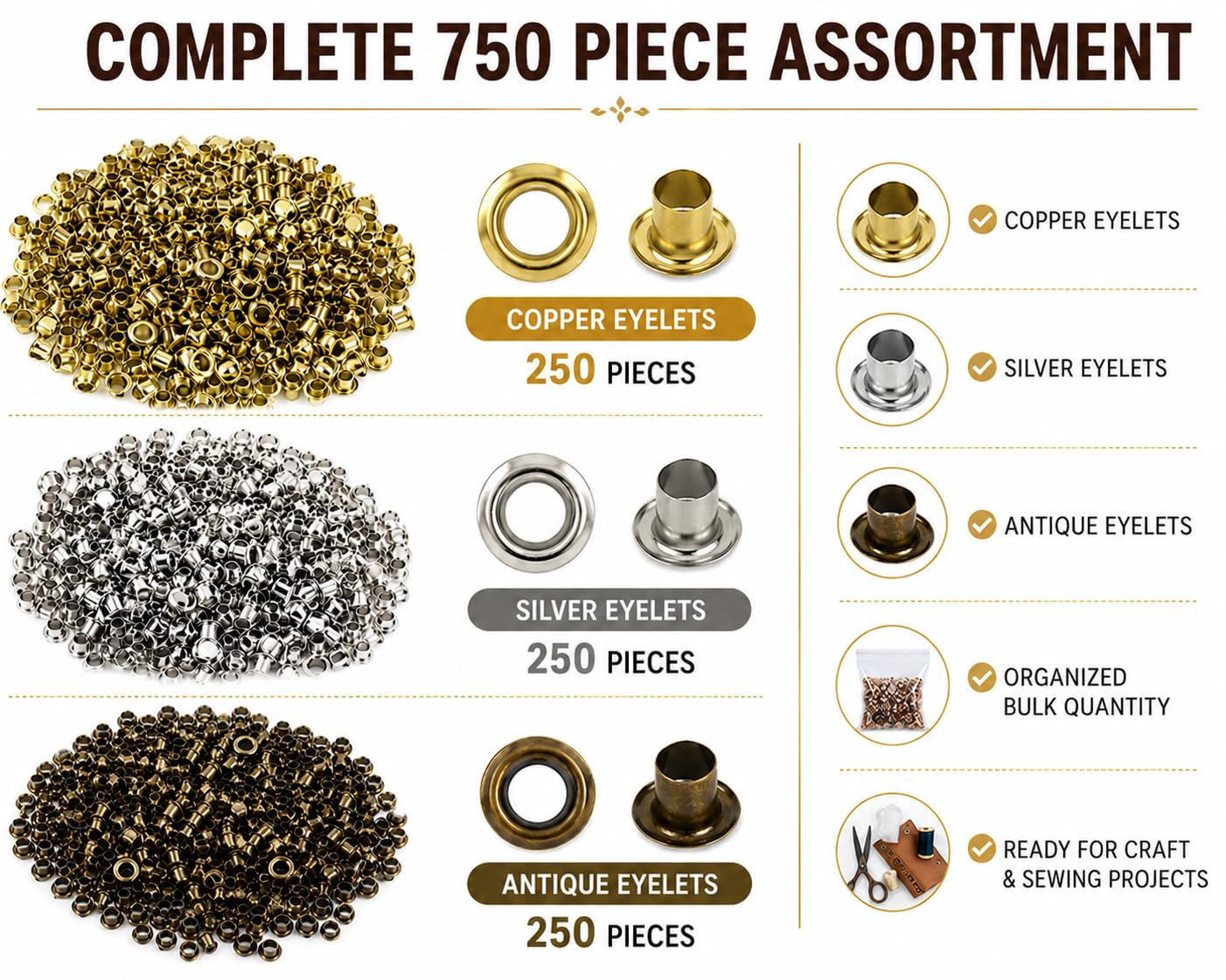 Zenith Combo of Copper, Silver, and Antique Metal Eyelets - 750 Pieces - Round Grommets for Crafts and Accessories | Lightweight and Heavy Duty | Suitable for Clothing, Shoes, Bags and Suitcases 1